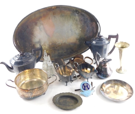 Various silver plated ware, an oval galleried tray, 56cm wide, part tea service, stem vase, warming pan, etc. (a quantity)