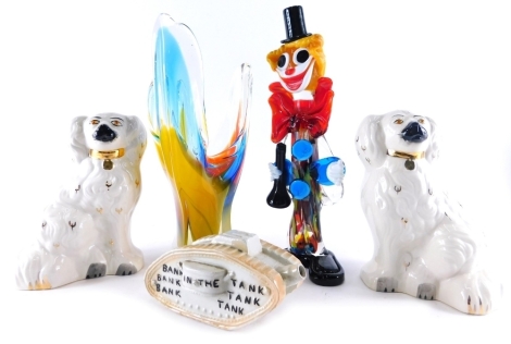 Various Murano and other glass, pair of Staffordshire style dogs, Murano clown, 33cm high, flared glass vase, etc.