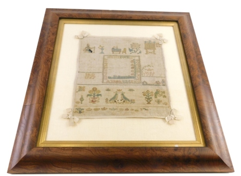 An 18thC Dutch sampler, worked in coloured silks on linen ground, initialled IRB 1767 and MFS 1791, including woman spinning cot and other devices, 29cm x 28cm, mounted, glazed and framed. Provenance: Emma-Menrietta Schiff Van Suvero collection.