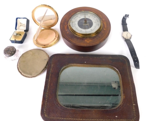 An Edwardian mahogany wall barometer, in circular case with floral inlay, 15cm diameter, a silver topped dressing table jar, Bernex wristwatch, powder compact, leather cased mirror and a dress ring.