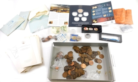 Coins, medallions and other items, a Battle Of Waterloo part bronze medallion set, issue of The Royal Air Force Battle of Britain five pound proof coin, quantity of coin gloves, low denomination GB used, pennies, part enamel and other coins, coin cases, e