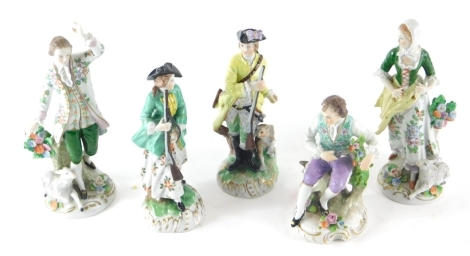 Various Continental porcelain figures, to include Sitzendorf figure of a gentleman dressed in finery aside lamb, 20cm high, others by Dresden, etc., marked beneath. (5)