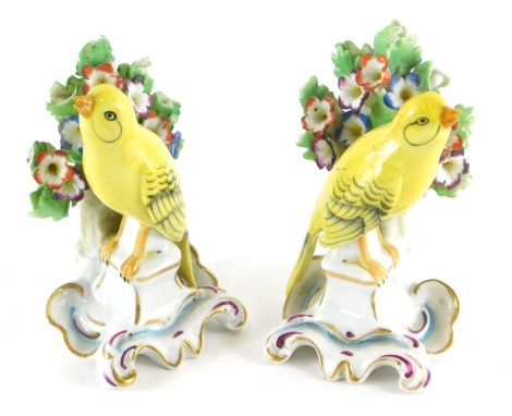 A pair of porcelain figures of canaries, on bocage ground with gilt highlights, gilt anchor marks verso, 10cm high.