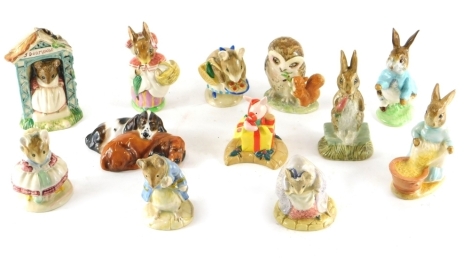 Various Royal Albert Beatrix Potter figures, to include Old Mister Brown, printed marks beneath, 9cm high, Gentleman Mouse Takes a Bow, Fierce Bad Rabbit, Mrs. Rabbit, etc., and a Royal Doulton figure Sleeping Puppies, HN2590. (a quantity)