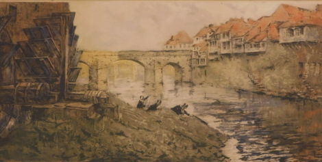 •Osterliveid (20thC). Figures aside watermill with stream and bridge, print, signed, 29cm x58cm.