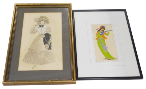 20thC School. Figure of a lady in flowing robes wearing bonnet, fashion watercolour, unsigned, 31cm x 17cm, and another. (2)