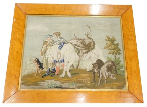 A 19thC birds eye maple frame, 74cm x 76cm, set with a Highland scene tapestry.