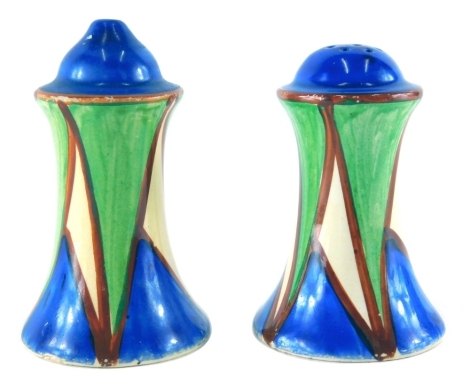 A 1930's Clarice Cliff potter Bizarre cruet, comprising pepper pot, 7cm high, and a salt pot, marked beneath, in unusual colourway.