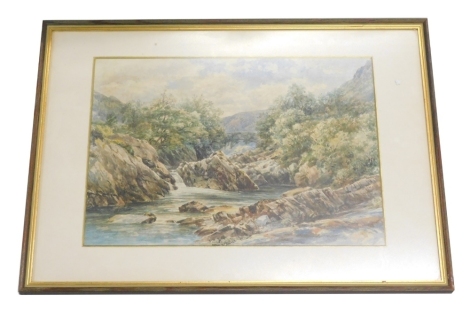 19thC English School. Calm stream before bridge and mountains on a summer's day, watercolour, unsigned, 29cm x 41cm.