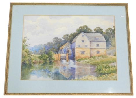 19thC English School. Pond before mill on a summer's day, watercolour, unsigned, 26cm x 35cm.