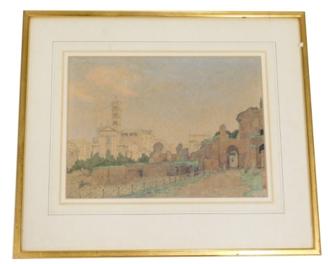 Early 20thC School. Continental scene, figures before building, indistinctly signed, 23cm x 30cm.