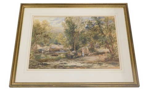 E.H. Mckewan. Figure on a path before stream and trees, watercolour, indistinctly signed, 29cm x 54cm.