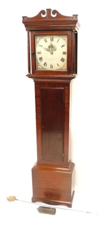 John Noakes, Burwash, a 19thC longcase clock, the square dial painted with swan, flowers, etc., with thirty hour movement, in mahogany case on bracket feet, 198cm high.