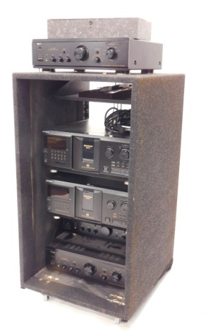 A collection of hi-fi separates, to include two Denon UHC MOS ultra high current MOS, two Sony Mega Storage 300CD units, in a fabric lined cabinet.