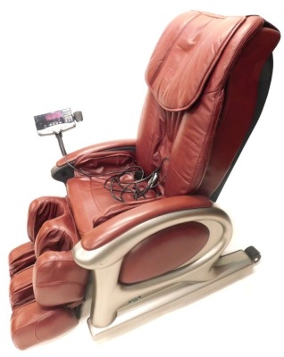 An electric massage chair, for back, seat and legs, with remotes.