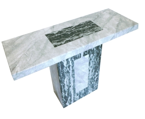 A marble console table, the rectangular pale grey top, with darker rectangular inset, on a rectangular support, 80cm high, 110cm wide, 40cm deep.