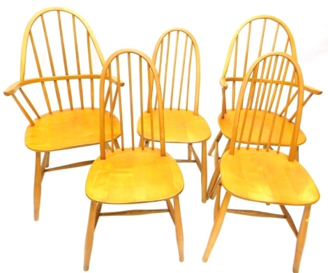 A set of five Ercol style beech and satin birch kitchen chairs, two with arms, each stamped WW.