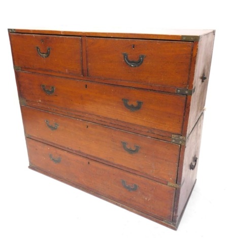 A 19thC teak and brass bound military chest, with two short and three long drawers, ebonised metal side handles, 96cm high, 107cm wide, 45cm deep. (AF)