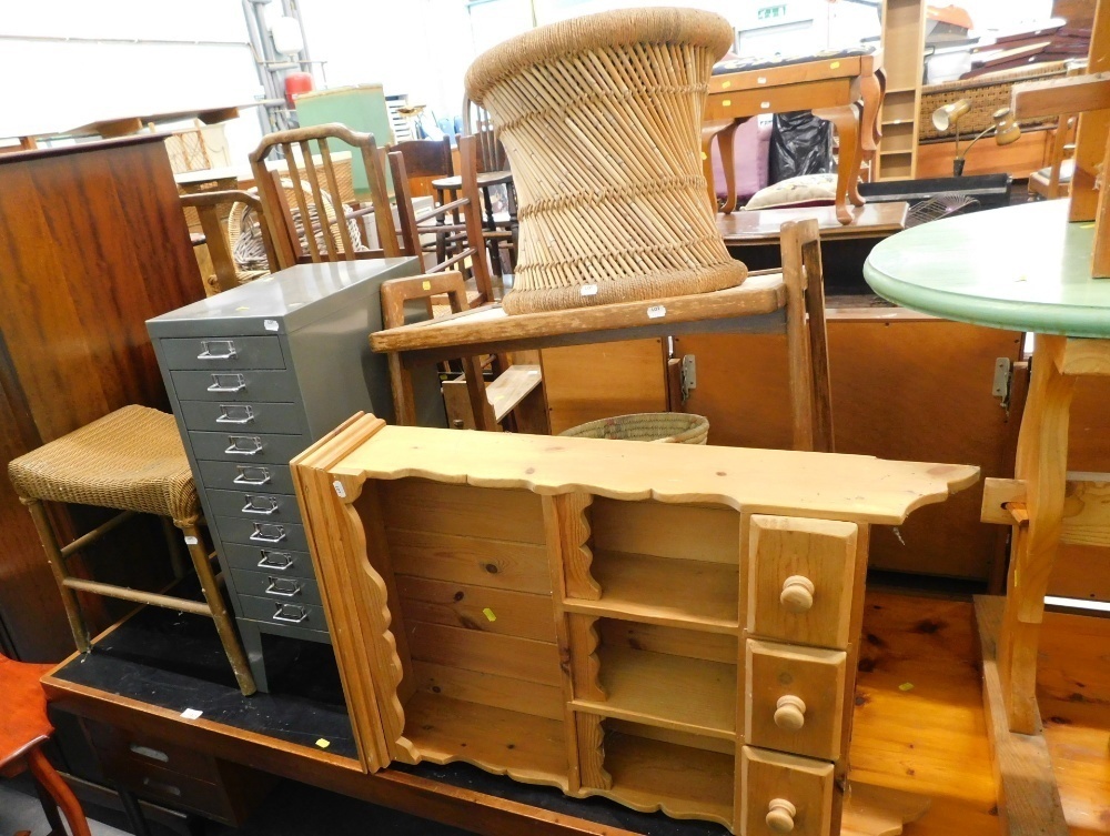 A teak office desk, set of index drawers, Lloyd Loom linen basket and ...