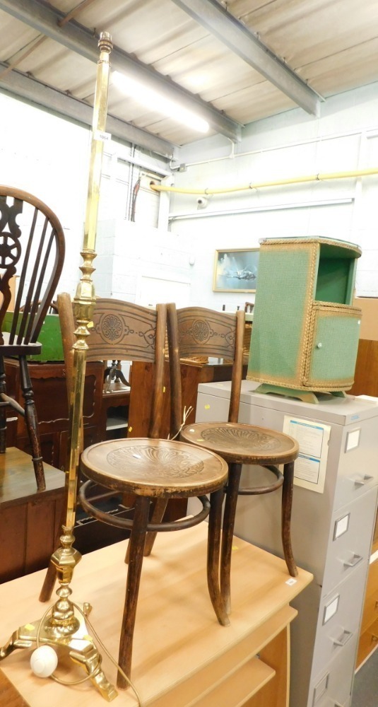 Two Bentwood chairs one labelled APM and a brass standard lamp