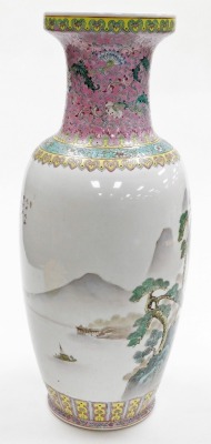 A Chinese porcelain vase, decorated in coloured enamels with buildings, trees, mountains, etc., within pink, turquoise and yellow borders, calligraphy to reverse, square red mark to underside and script, ''Oriental hand painted in China''. - 4