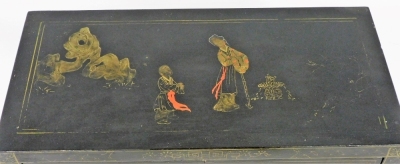 A Chinese black lacquer two door cabinet, decorated with figures, flowering branches, etc., with brass hinges, on brass capped feet, 66cm high, 59cm wide, 28cm deep. - 3