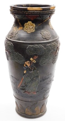 A Japanese Meiji period earthenware vase from the Tokoname kilns, relief decorated with sages and other figures beside trees, 48cm high. - 3