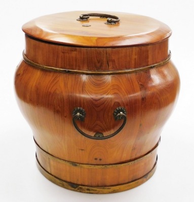 A Chinese brass bound pine rice bucket and cover, with brass banding and handles, 41cm high, 42cm wide. - 2