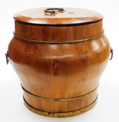 A Chinese brass bound pine rice bucket and cover, with brass banding and handles, 41cm high, 42cm wide. - 3