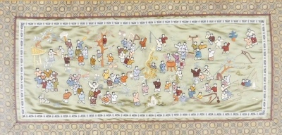 A Chinese silk of 'a hundred children', in a garden setting with a dragon, pagoda and trees, framed and glazed, 35cm x 67cm.