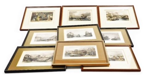 After T Allom. Nine coloured engravings of Chinese scenes, landscapes, coastal and river scenes, together with a devotee consulting the sticks of fate, framed and glazed, each approximately 18cm x 23cm. (9)