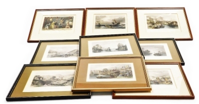 After T Allom. Nine coloured engravings of Chinese scenes, landscapes, coastal and river scenes, together with a devotee consulting the sticks of fate, framed and glazed, each approximately 18cm x 23cm. (9)