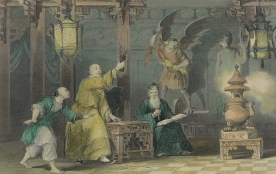 After T Allom. Nine coloured engravings of Chinese scenes, landscapes, coastal and river scenes, together with a devotee consulting the sticks of fate, framed and glazed, each approximately 18cm x 23cm. (9) - 8
