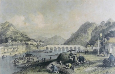 After T Allom. Nine coloured engravings of Chinese scenes, landscapes, coastal and river scenes, together with a devotee consulting the sticks of fate, framed and glazed, each approximately 18cm x 23cm. (9) - 16