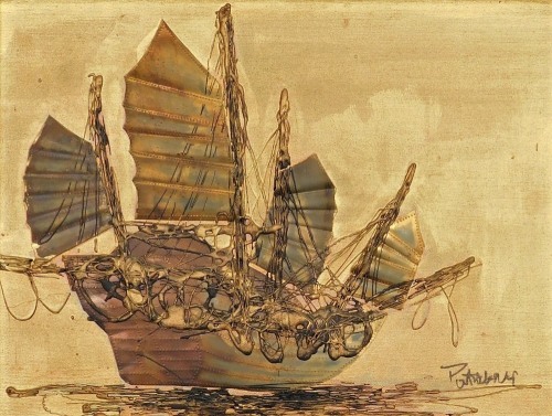 Chinese School. Bas relief picture of a junk, mixed media, signed indistinctly, 30cm x 39cm.