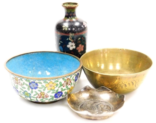 A group of Oriental items, comprising a cloisonne bowl, 5cm diameter (AF), a cloisonne vase, 12cm high (AF), a Chinese brass bowl, decorated with incised lines and abstract patterns, etc., 11cm diameter, and a silver coloured dish, with a shaped border an