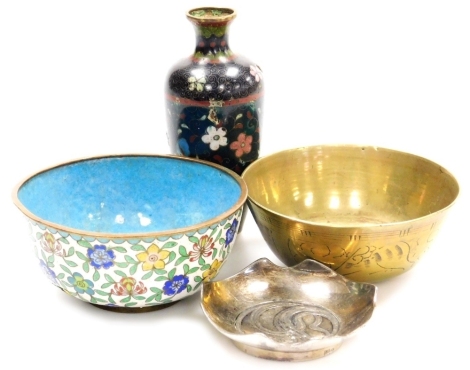 A group of Oriental items, comprising a cloisonne bowl, 5cm diameter (AF), a cloisonne vase, 12cm high (AF), a Chinese brass bowl, decorated with incised lines and abstract patterns, etc., 11cm diameter, and a silver coloured dish, with a shaped border an