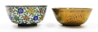 A group of Oriental items, comprising a cloisonne bowl, 5cm diameter (AF), a cloisonne vase, 12cm high (AF), a Chinese brass bowl, decorated with incised lines and abstract patterns, etc., 11cm diameter, and a silver coloured dish, with a shaped border an - 4