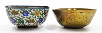 A group of Oriental items, comprising a cloisonne bowl, 5cm diameter (AF), a cloisonne vase, 12cm high (AF), a Chinese brass bowl, decorated with incised lines and abstract patterns, etc., 11cm diameter, and a silver coloured dish, with a shaped border an - 5