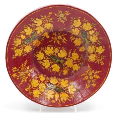 An Indian red lacquer dish, decorated with birds and gilt heightened leaves, bearing label to underside for Kashmir Governments Arts Emporium, stock number A73-27, 20cm diameter, a Chinese carved red lacquer box, depicting figures, trees, the interior wit - 2