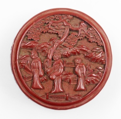 An Indian red lacquer dish, decorated with birds and gilt heightened leaves, bearing label to underside for Kashmir Governments Arts Emporium, stock number A73-27, 20cm diameter, a Chinese carved red lacquer box, depicting figures, trees, the interior wit - 4