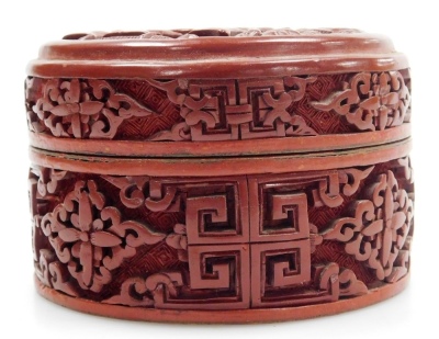 An Indian red lacquer dish, decorated with birds and gilt heightened leaves, bearing label to underside for Kashmir Governments Arts Emporium, stock number A73-27, 20cm diameter, a Chinese carved red lacquer box, depicting figures, trees, the interior wit - 5