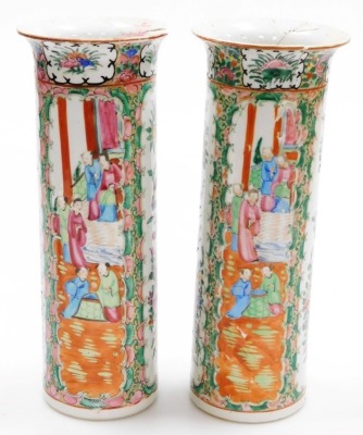 A pair of Cantonese famille rose porcelain vases, with flared rims, decorated with reserves of figures, flowers, birds, etc., 30cm high (AF), and a 19thC pottery figure of a dog of fo, 11cm high. (AF) - 4