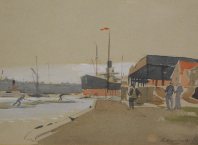 Harry Rutherford (1903-1985). Dockers before ship, watercolour, signed, 21cm x 29cm.