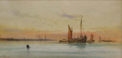 S Haunu (19thC). Boat drying sails on a sunlit evening, watercolour, signed, 12cm x 26cm.