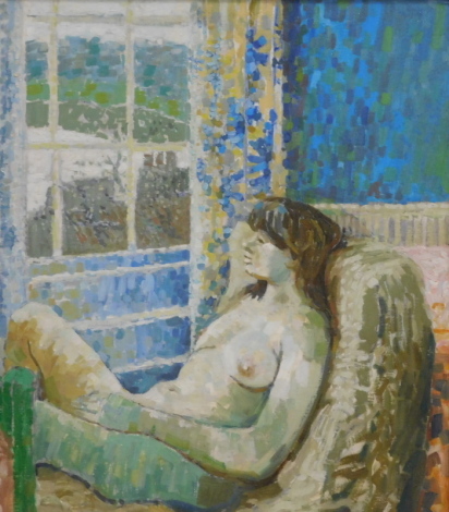 Manner of Duncan Grant. Reclining nude female beside window, oil on board, unsigned, 82cm x 63cm.
