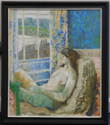Manner of Duncan Grant. Reclining nude female beside window, oil on board, unsigned, 82cm x 63cm. - 2