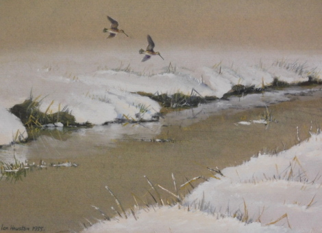 Ian Houston (1934-2021). Winter scene, snipes in flight above river, watercolour, signed and dated 1955, 20cm x 29cm.