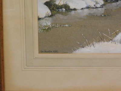 Ian Houston (1934-2021). Winter scene, snipes in flight above river, watercolour, signed and dated 1955, 20cm x 29cm. - 3