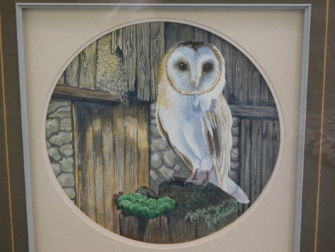 Victor P. Sharpe (b.1922). Close to Home barn owl, watercolour, signed, 29cm x 27cm. Label verso.